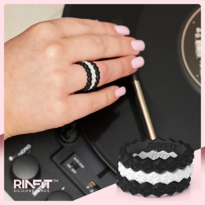 Rinfit Silicone Rings for Women - Marquise with 2 Stackable Rings - Silicone Diamond Rings Wedding Bands Women Black / Size 7